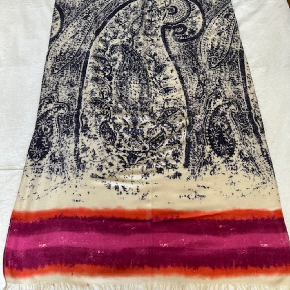 AGNONA Navy/Beige Long Cashmere/Silk Scarf 25"x75"